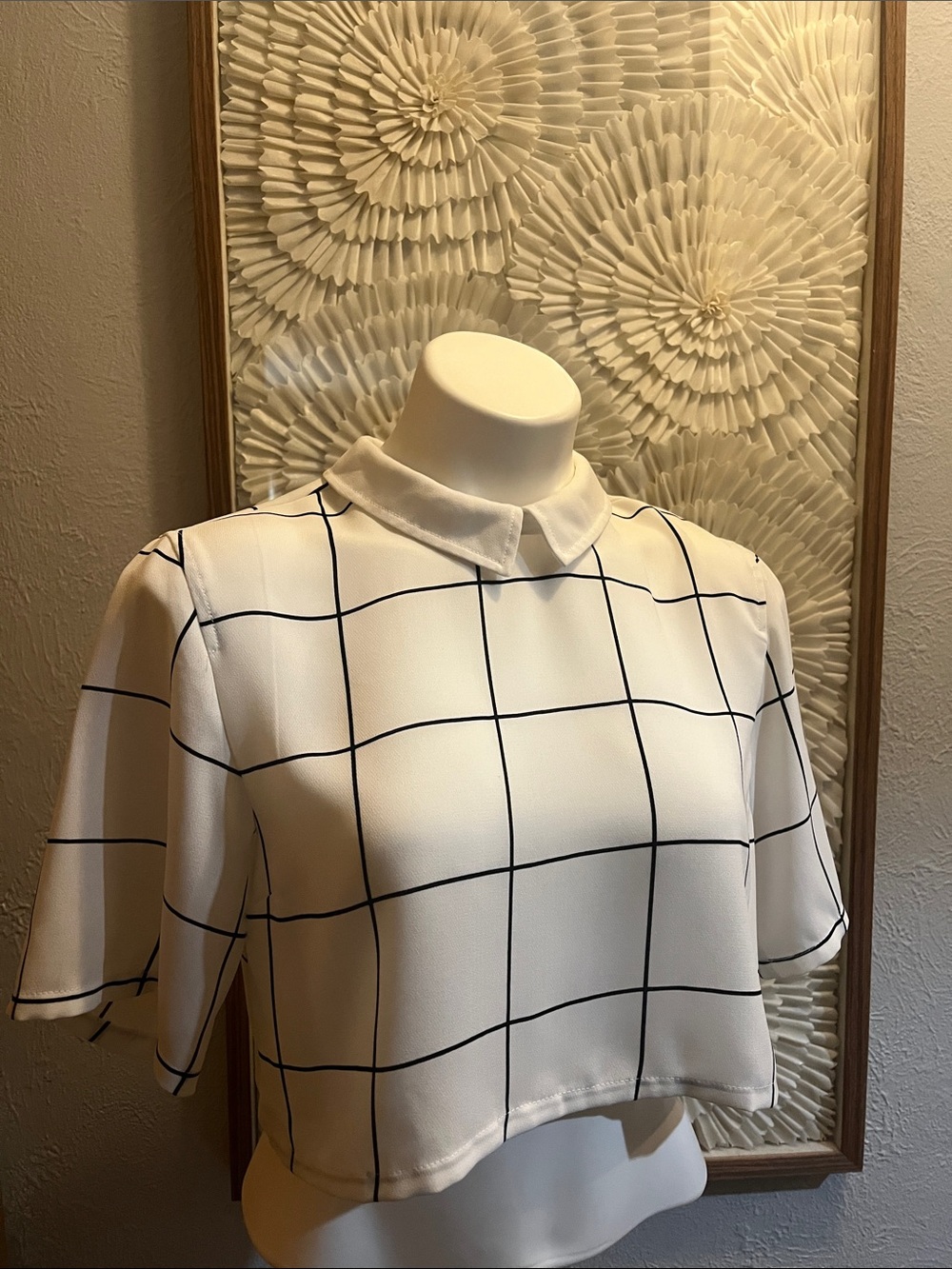 Gypsy Warrior White Grid Cropped Short-Sleeve Collared Top